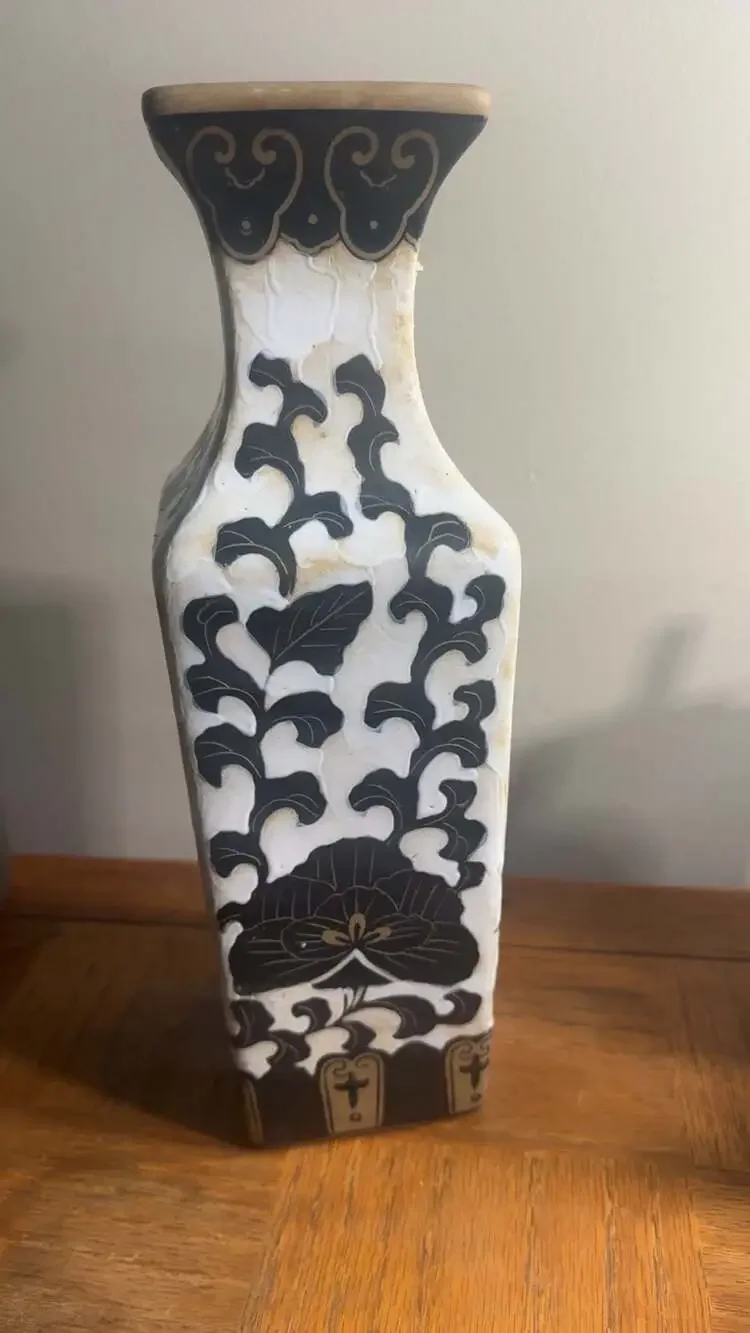 Vintage Tall Ceramic Taupe Vase Sandstone Finish Painted Flower Greek Key NICE